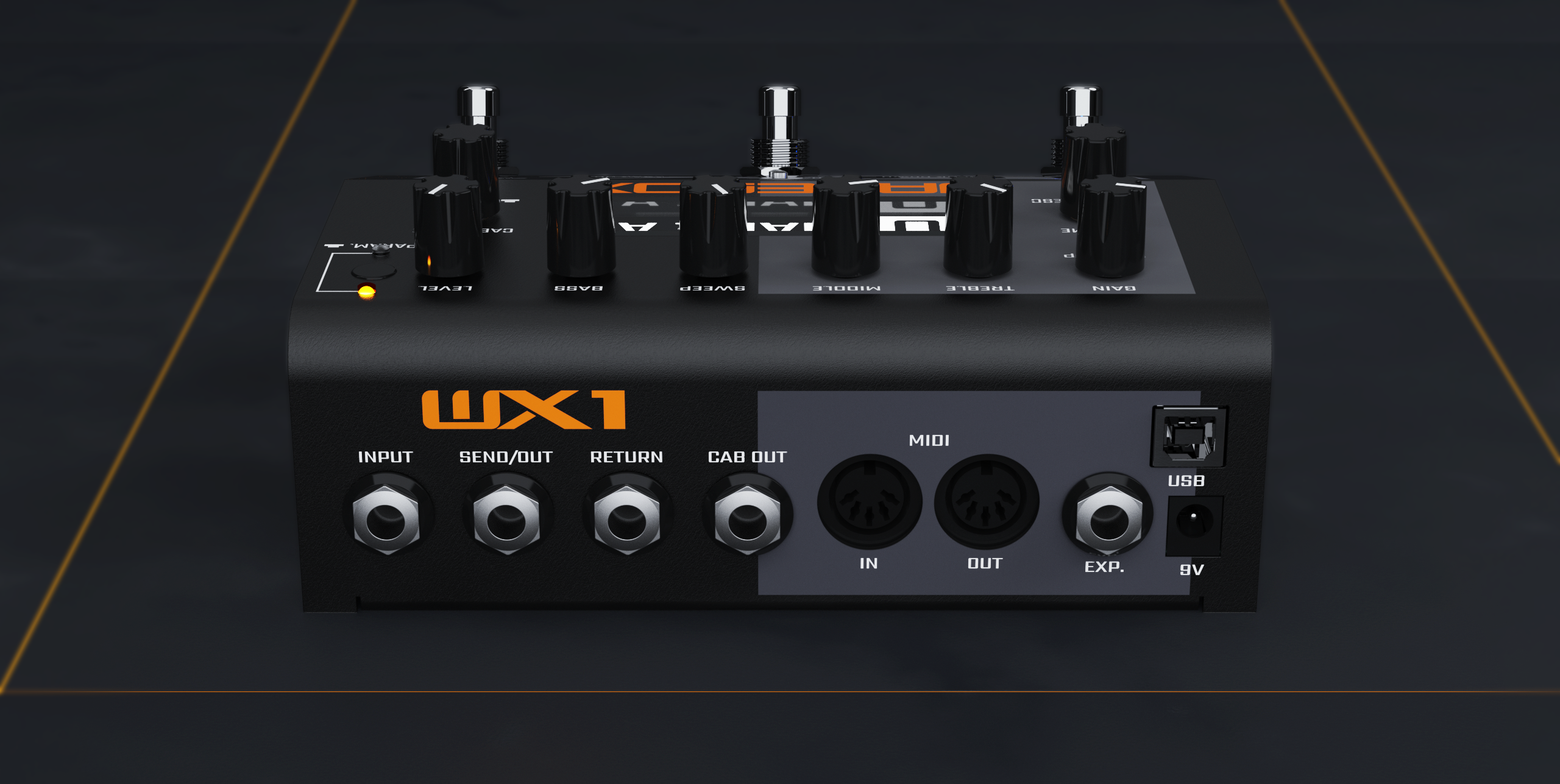 Vista do painel traseiro e das conexões do pedal Wavebox WX1