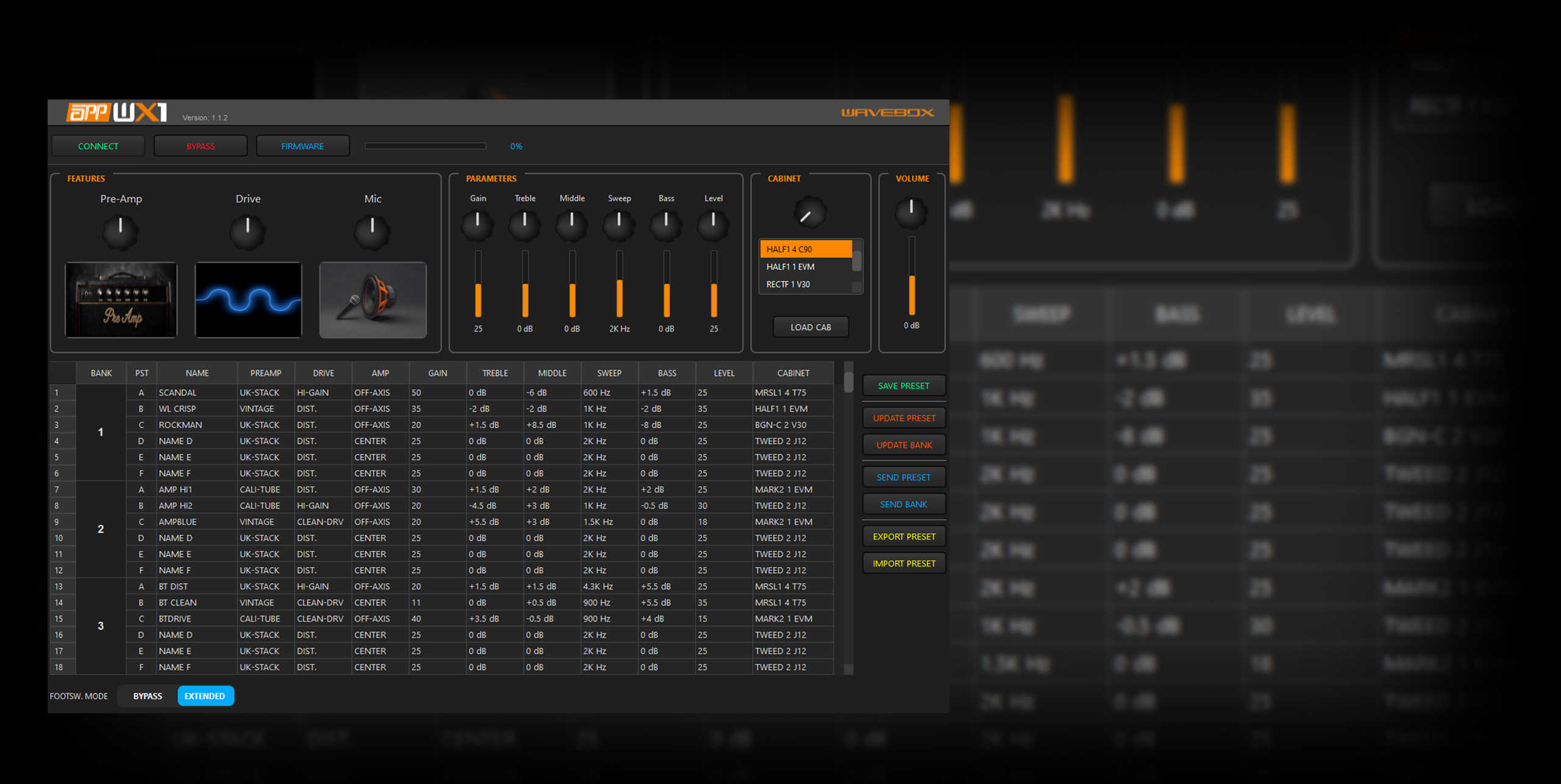 Software App-WX1 para controle, gabinetes, presets e banks