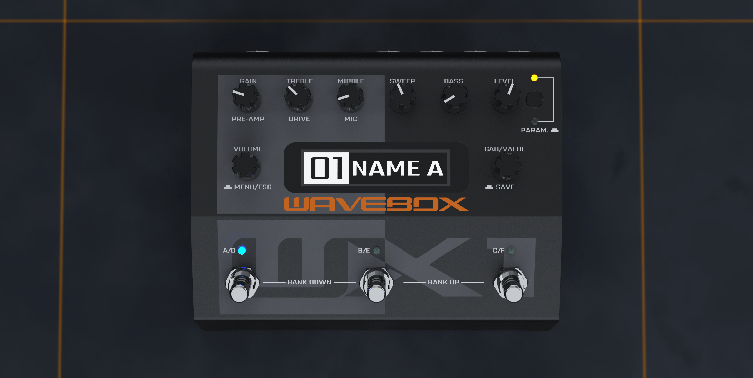 Vista superior do painel frontal do pedal Wavebox WX1